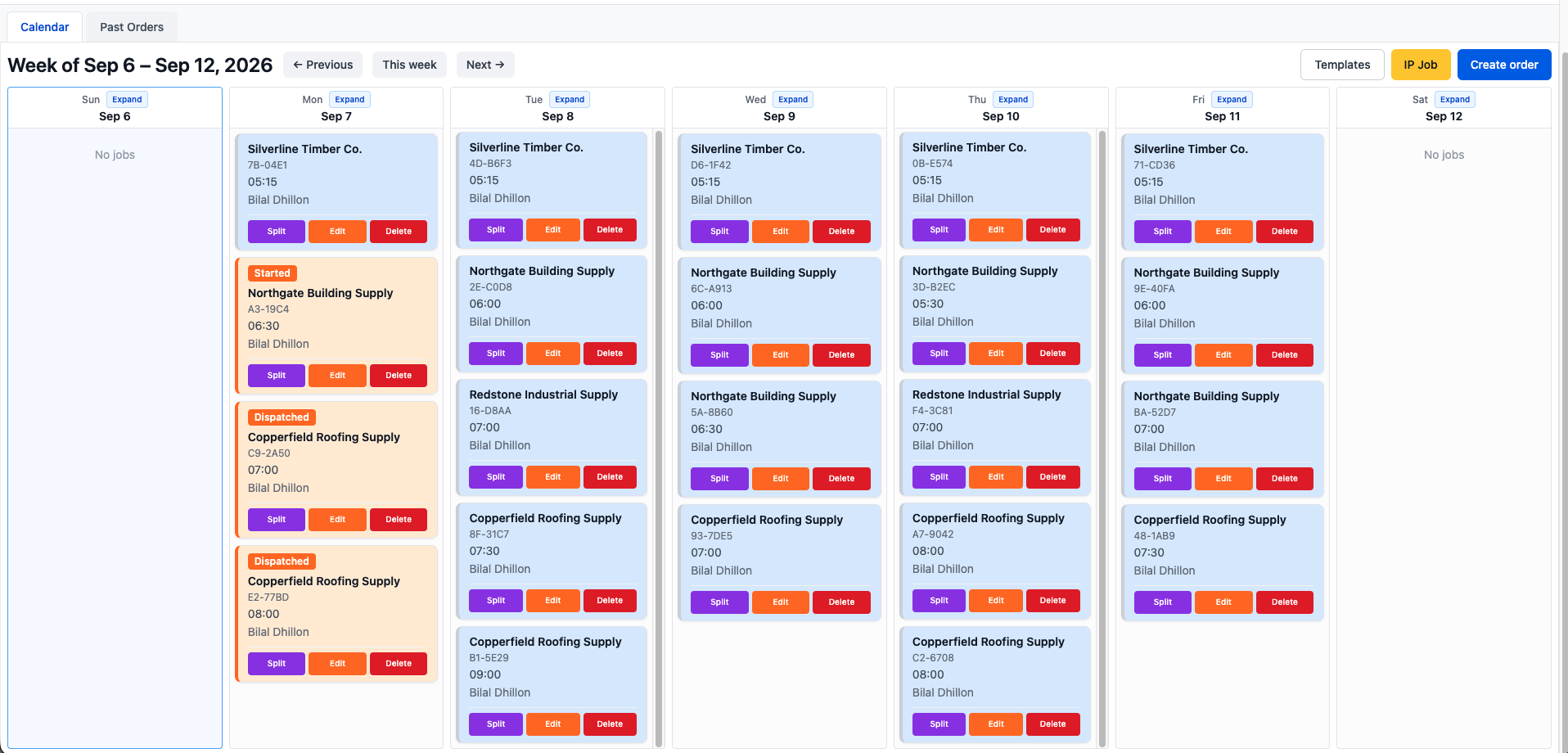 Weekly calendar view showing jobs scheduled across Sunday to Saturday