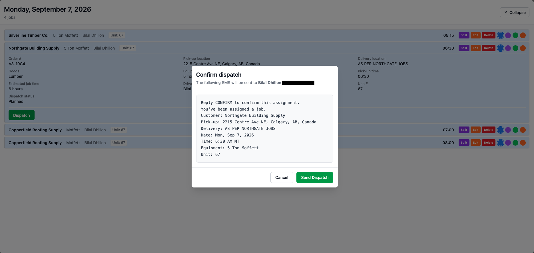 Confirm dispatch dialog previewing the SMS sent to a driver