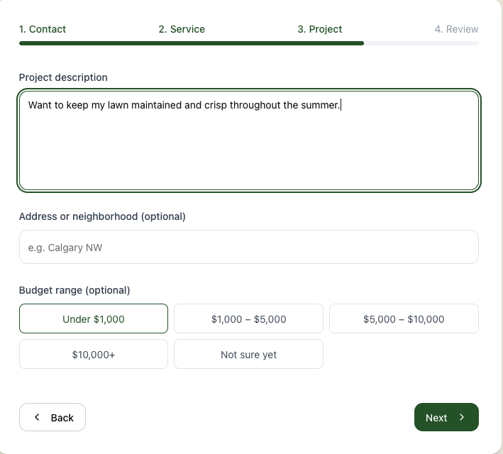 Quote form step three, project description and budget range