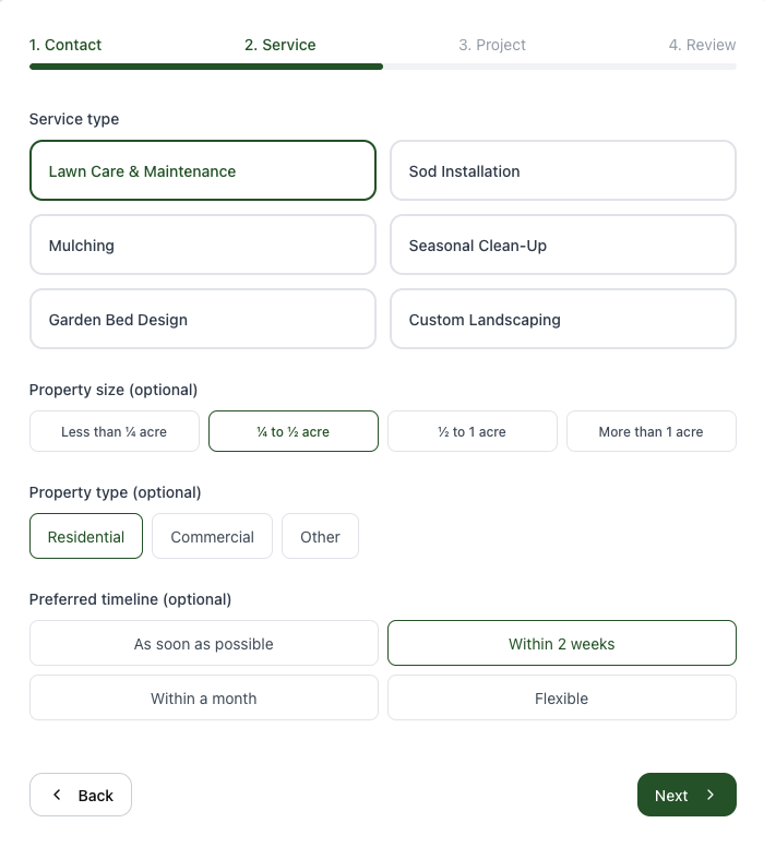 Quote form step two, choosing service type and property size