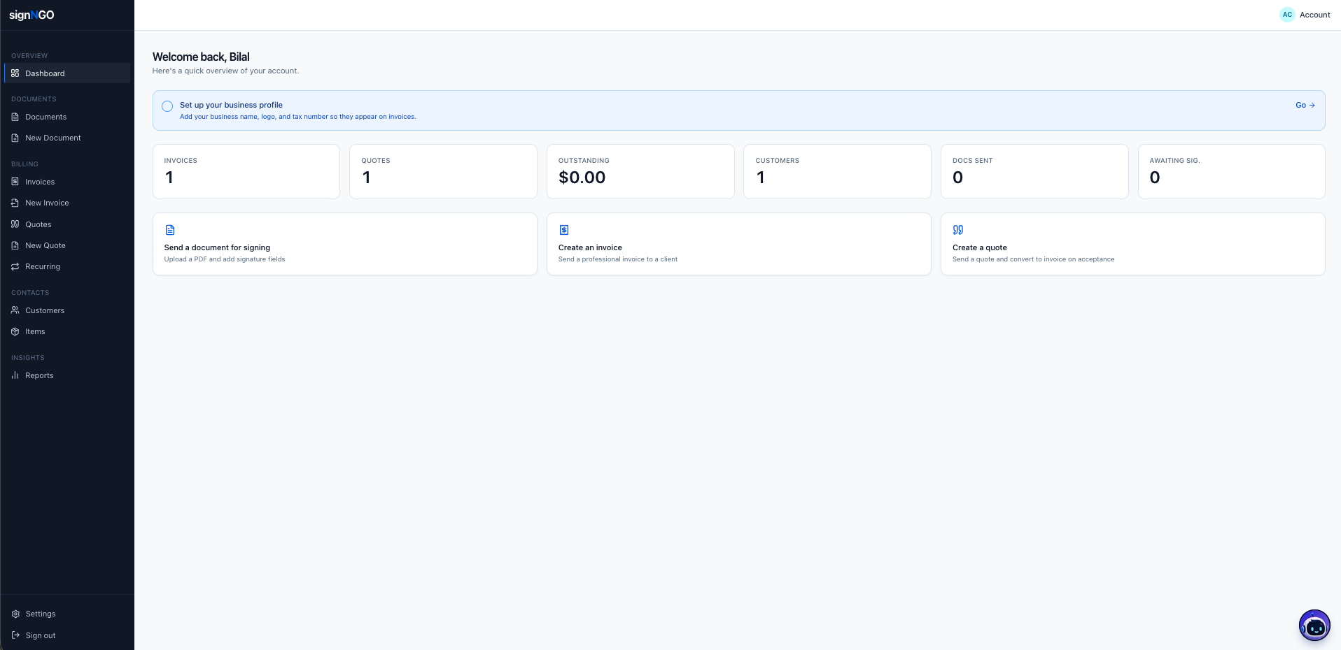 Dashboard showing invoice, quote and customer counts