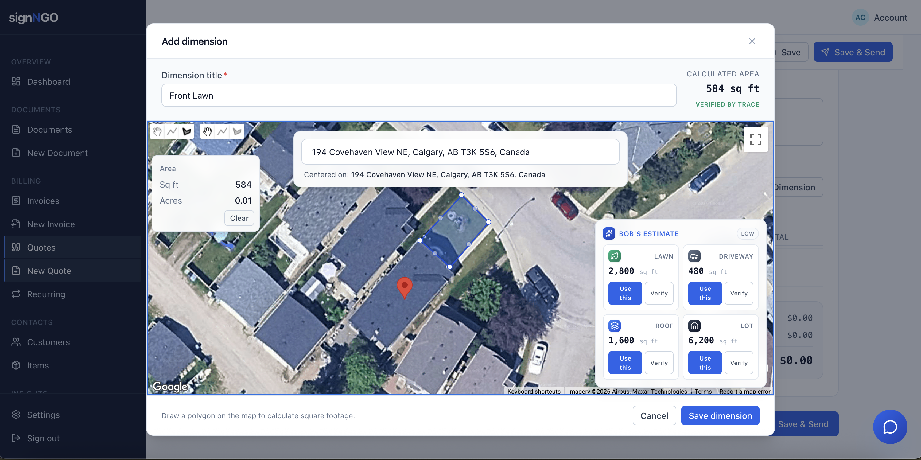 Drawing a property boundary on a satellite map to calculate square footage