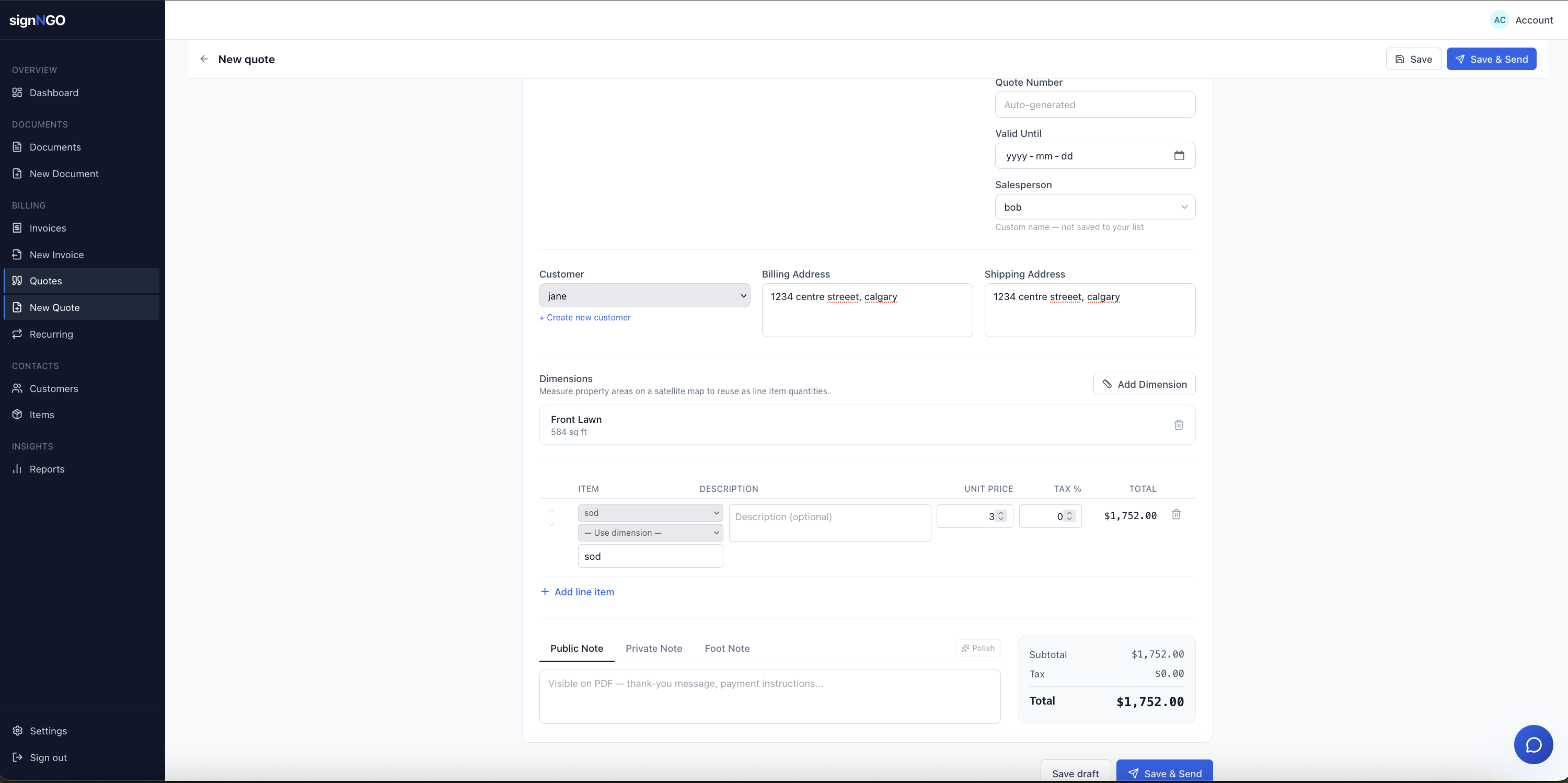 Quote builder pulling a saved measurement in as a line item quantity